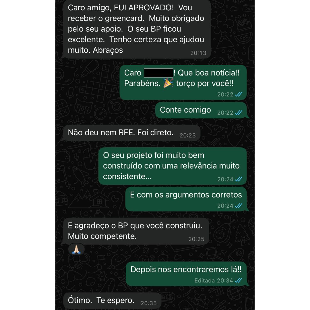 Cliente comunicando aprovação e recebimento do green card