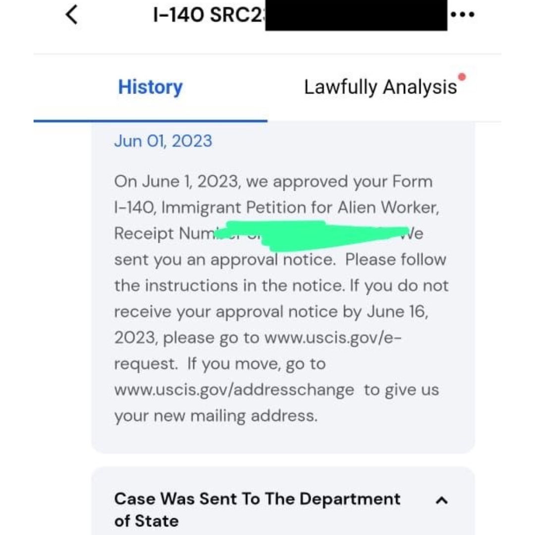 Histórico do USCIS mostrando I-140 aprovado em junho de 2023