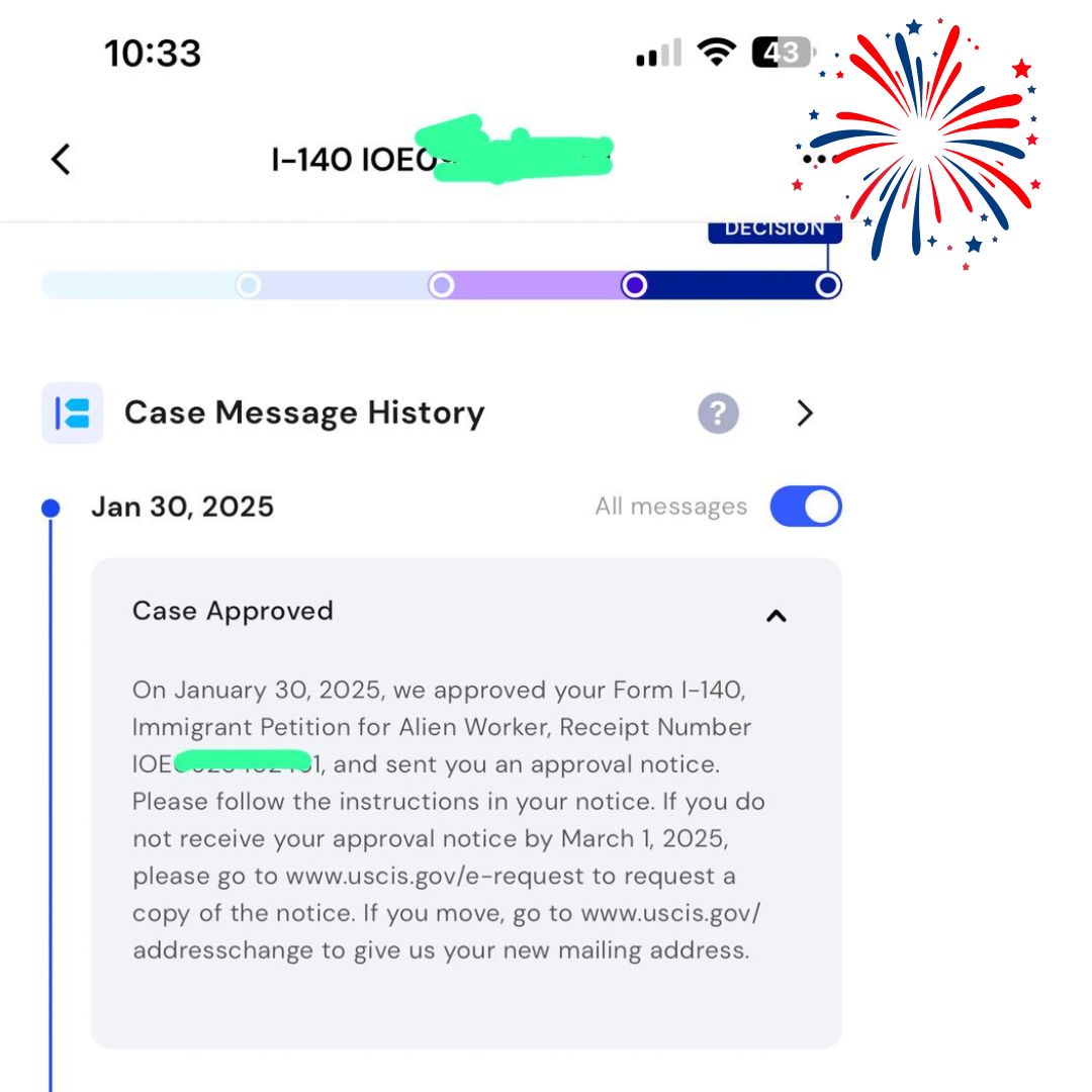 Aviso do USCIS de I-140 aprovado em janeiro de 2025