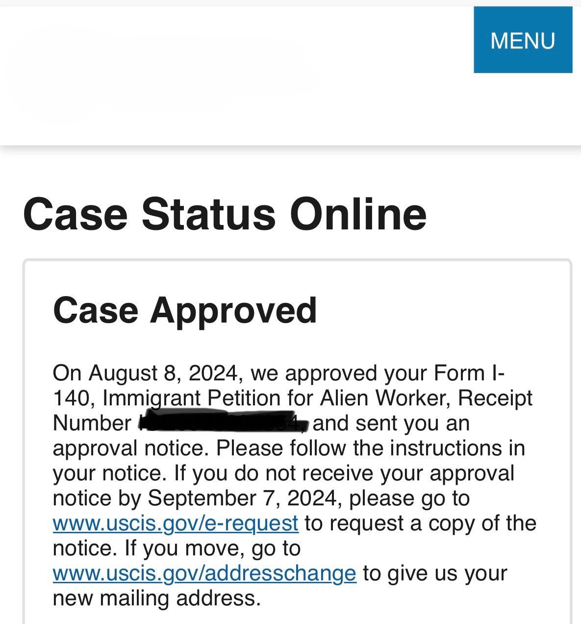 Case Status Online do USCIS com I-140 aprovado em agosto de 2024